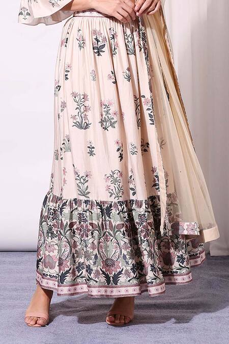 Shop_Soup By Sougat Paul_Beige Net, Chanderi Square Neck Floral Print Lehenga Set _Online_at_Aza_Fashions