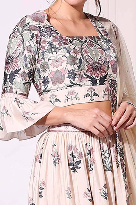 Soup By Sougat Paul_Beige Net, Chanderi Square Neck Floral Print Lehenga Set _at_Aza_Fashions