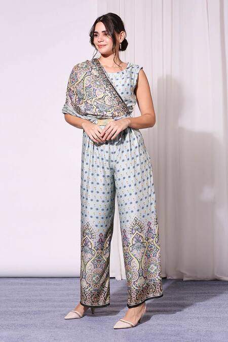 Soup By Sougat Paul_Blue Cotton Silk Round Printed Jumpsuit _Online_at_Aza_Fashions