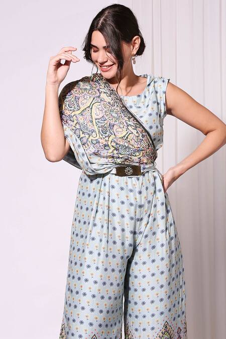 Buy_Soup By Sougat Paul_Blue Cotton Silk Round Printed Jumpsuit _Online_at_Aza_Fashions