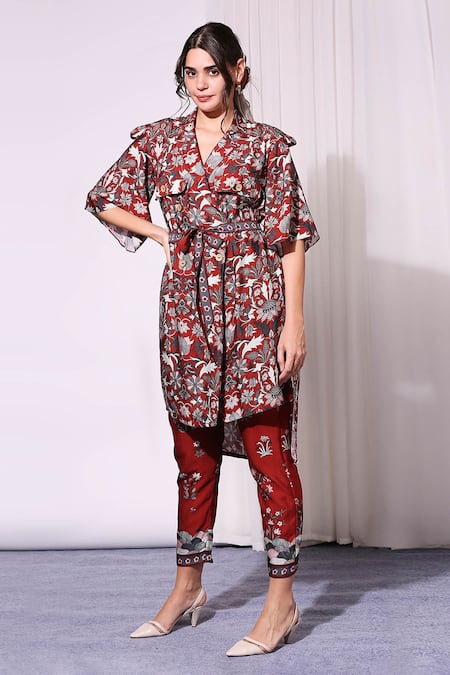 Soup By Sougat Paul_Red Chanderi Collared Neck Printed Kurta And Pant Set _Online_at_Aza_Fashions