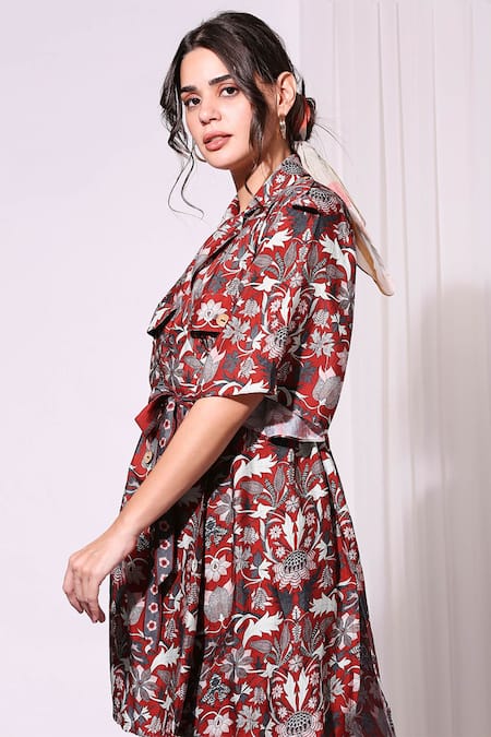 Buy_Soup By Sougat Paul_Red Chanderi Collared Neck Printed Kurta And Pant Set _Online_at_Aza_Fashions