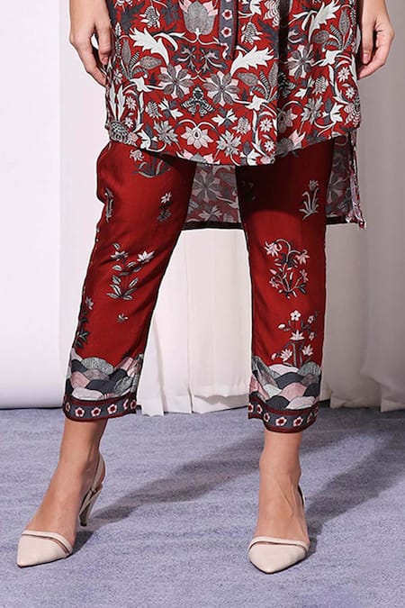 Shop_Soup By Sougat Paul_Red Chanderi Collared Neck Printed Kurta And Pant Set _Online_at_Aza_Fashions