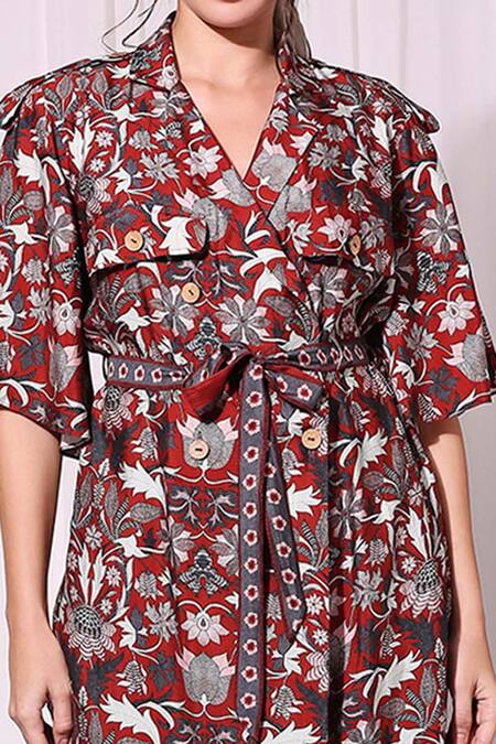 Soup By Sougat Paul_Red Chanderi Collared Neck Printed Kurta And Pant Set _at_Aza_Fashions