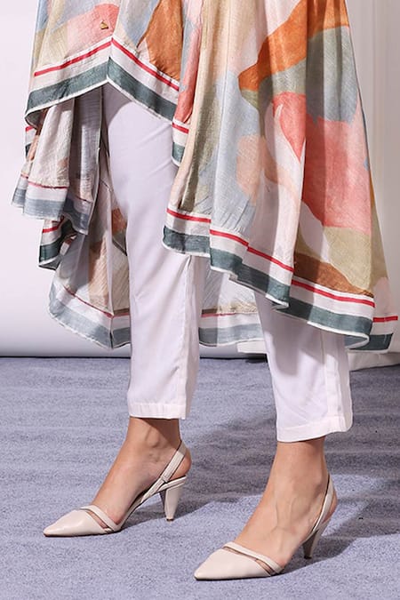 Soup By Sougat Paul_Off White Muslin Slub V Neck Printed Angarkha Kurta And Pant Set _at_Aza_Fashions