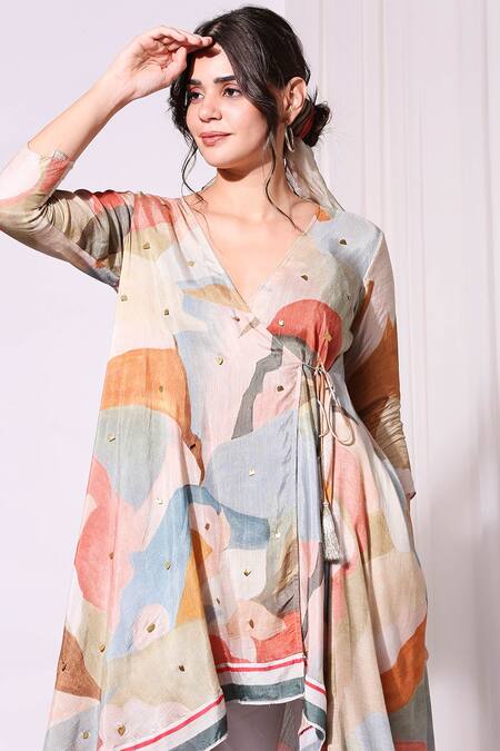 Buy_Soup By Sougat Paul_Off White Muslin Slub V Neck Printed Angarkha Kurta And Pant Set _Online_at_Aza_Fashions