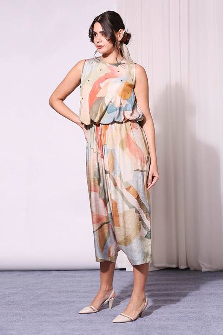 Soup By Sougat Paul_Multi Color Muslin Slub Round Printed Jumpsuit _Online_at_Aza_Fashions