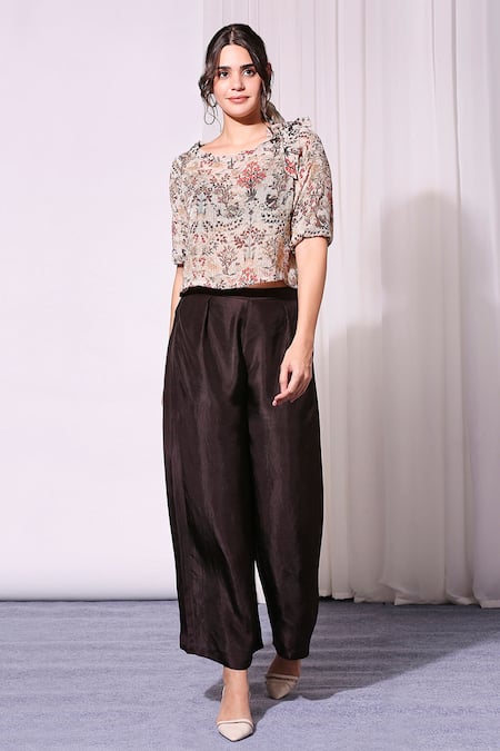 Soup By Sougat Paul Beige Twill, Sequence Round Printed Top And Pant Set 