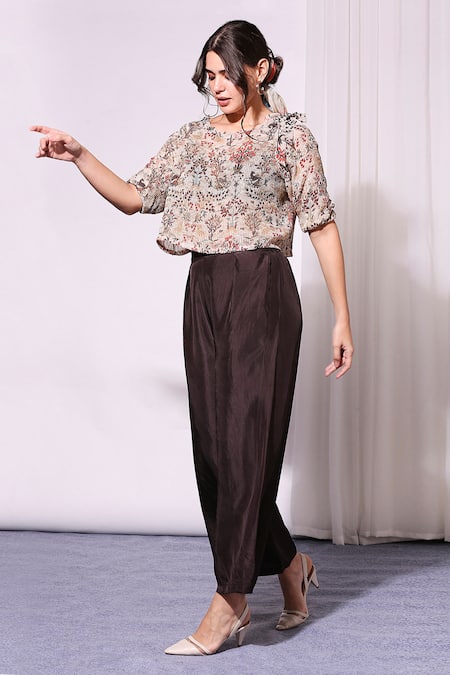 Soup By Sougat Paul_Beige Twill, Sequence Round Printed Top And Pant Set _Online_at_Aza_Fashions