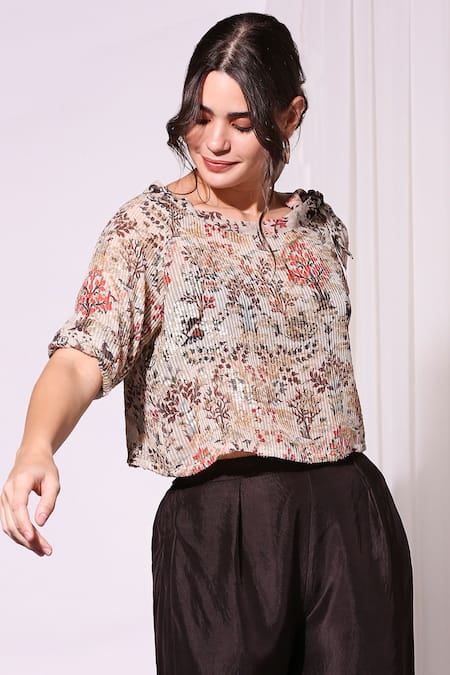 Buy_Soup By Sougat Paul_Beige Twill, Sequence Round Printed Top And Pant Set _Online_at_Aza_Fashions