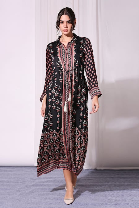 Soup by Sougat Paul Black Satin Embroidery Collared Neck Printed Shirt Dress