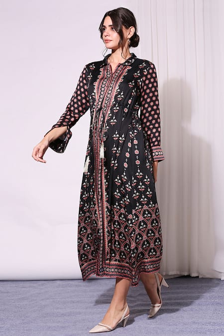 Soup By Sougat Paul Black Satin Collared Neck Printed Shirt Dress Online at Aza Fashions Soup By Sougat Paul_Black Satin Collared Neck Printed Shirt Dress _Online_at_Aza_Fashions