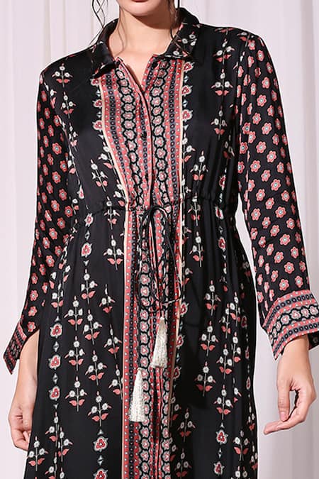 Buy Soup By Sougat Paul Black Satin Collared Neck Printed Shirt Dress Online at Aza Fashions Buy_Soup By Sougat Paul_Black Satin Collared Neck Printed Shirt Dress _Online_at_Aza_Fashions