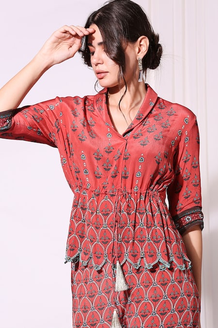 Buy_Soup By Sougat Paul_Red Crepe Collared Neck Printed Top And Pant Set _Online_at_Aza_Fashions