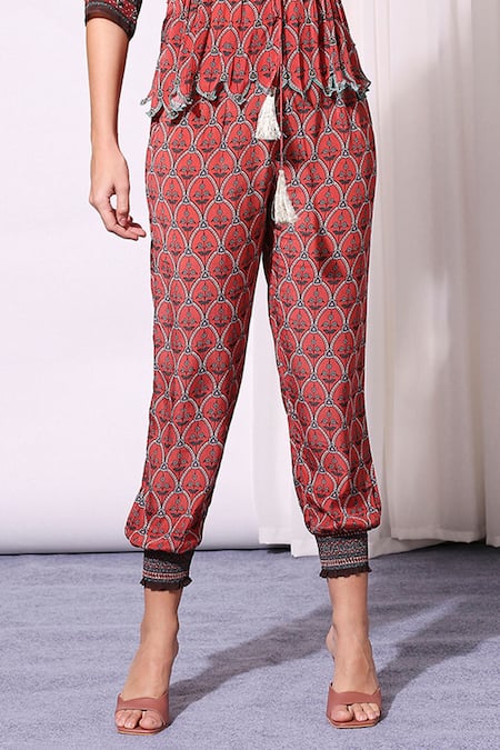 Shop_Soup By Sougat Paul_Red Crepe Collared Neck Printed Top And Pant Set _Online_at_Aza_Fashions