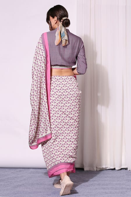 Shop Soup By Sougat Paul Pink Tussar Collared Neck Printed Pre-draped Saree With Blouse at Aza Fashions Shop_Soup By Sougat Paul_Pink Tussar Collared Neck Printed Pre-draped Saree With Blouse _at_Aza_Fashions