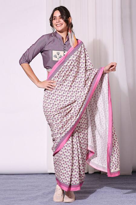 Soup By Sougat Paul Pink Tussar Collared Neck Printed Pre-draped Saree With Blouse Online at Aza Fashions Soup By Sougat Paul_Pink Tussar Collared Neck Printed Pre-draped Saree With Blouse _Online_at_Aza_Fashions