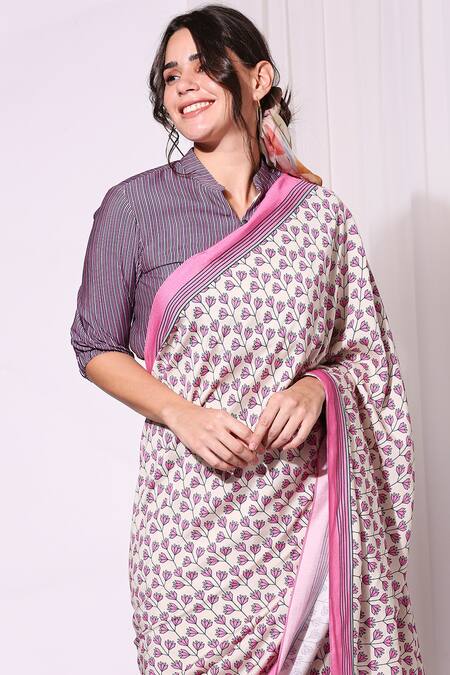 Buy Soup By Sougat Paul Pink Tussar Collared Neck Printed Pre-draped Saree With Blouse Online at Aza Fashions Buy_Soup By Sougat Paul_Pink Tussar Collared Neck Printed Pre-draped Saree With Blouse _Online_at_Aza_Fashions