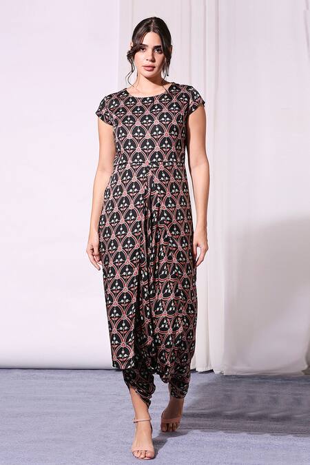 Soup By Sougat Paul_Black Satin Jumpsuit Round Jacket Open Printed With _Online_at_Aza_Fashions