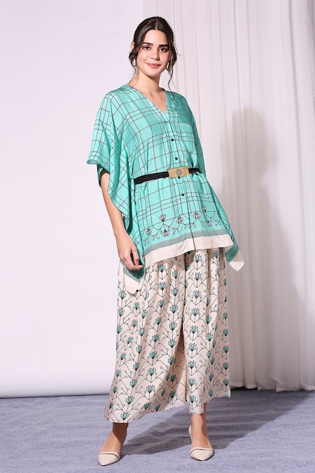Soup By Sougat Paul_Blue Tussar V Neck Printed Kaftan Tunic And Palazzo Set _Online_at_Aza_Fashions