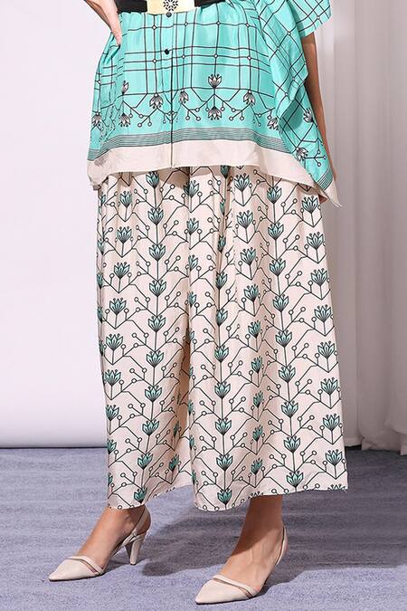 Soup By Sougat Paul_Blue Tussar V Neck Printed Kaftan Tunic And Palazzo Set _at_Aza_Fashions