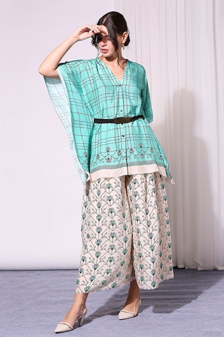 Buy_Soup By Sougat Paul_Blue Tussar V Neck Printed Kaftan Tunic And Palazzo Set _Online_at_Aza_Fashions