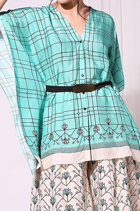 Shop_Soup By Sougat Paul_Blue Tussar V Neck Printed Kaftan Tunic And Palazzo Set _Online_at_Aza_Fashions