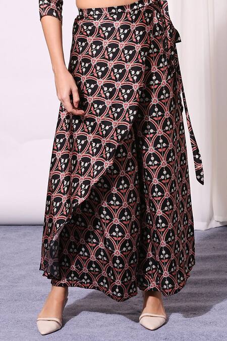 Shop_Soup By Sougat Paul_Black Satin Round Printed Crop Top And Wrap Palazzo Set _Online_at_Aza_Fashions