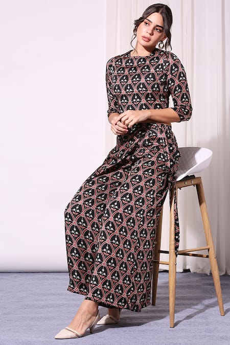 Soup By Sougat Paul_Black Satin Round Printed Crop Top And Wrap Palazzo Set _Online_at_Aza_Fashions