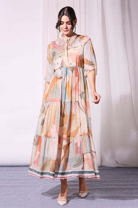 Soup By Sougat Paul_Multi Color Chiffon Mandarin Collar Printed Tiered Dress _Online_at_Aza_Fashions