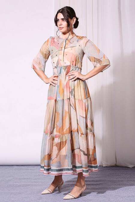 Buy_Soup By Sougat Paul_Multi Color Chiffon Mandarin Collar Printed Tiered Dress _Online_at_Aza_Fashions