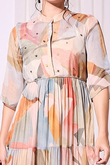 Shop_Soup By Sougat Paul_Multi Color Chiffon Mandarin Collar Printed Tiered Dress _Online_at_Aza_Fashions
