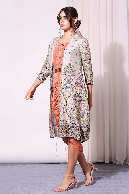Buy_Soup By Sougat Paul_Blue Cotton Silk Dress Round Jacket Open Printed With _Online_at_Aza_Fashions
