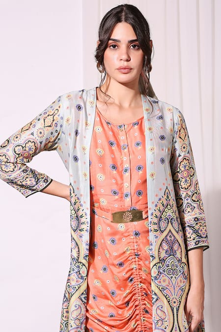 Shop_Soup By Sougat Paul_Blue Cotton Silk Dress Round Jacket Open Printed With _Online_at_Aza_Fashions