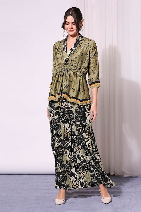 Soup By Sougat Paul Black Crepe, Cotton Silk V Neck Printed Peplum Top And Skirt Set Online at Aza Fashions Soup By Sougat Paul_Black Crepe, Cotton Silk V Neck Printed Peplum Top And Skirt Set _Online_at_Aza_Fashions