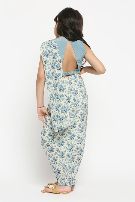 Shop_Soup By Sougat Paul_Blue Crepe Printed Pre-draped Saree Set _at_Aza_Fashions