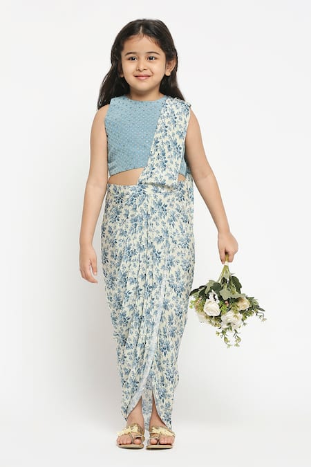 Soup By Sougat Paul_Blue Crepe Printed Pre-draped Saree Set _Online_at_Aza_Fashions