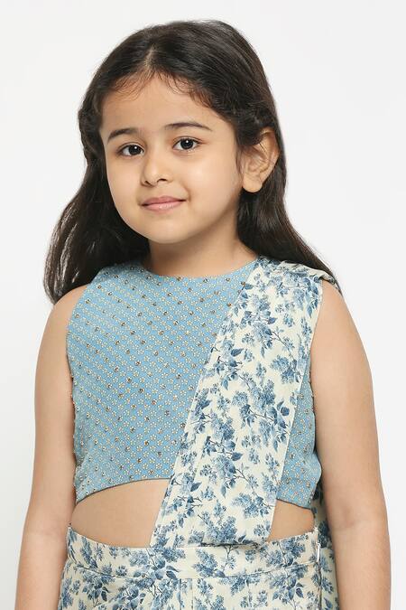 Buy_Soup By Sougat Paul_Blue Crepe Printed Pre-draped Saree Set _Online_at_Aza_Fashions