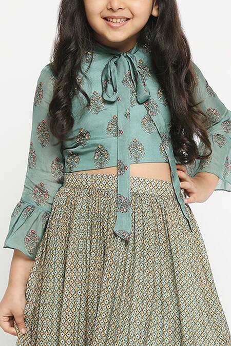 Shop_Soup By Sougat Paul_Green Chiffon Embroidery Printed Lehenga Set _Online_at_Aza_Fashions