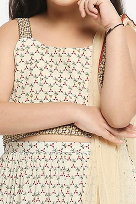 Soup By Sougat Paul_Beige Net, Crepe Embroidery Printed Lehenga Set _at_Aza_Fashions