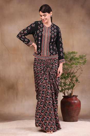 Soup By Sougat Paul_Black Crepe Round Printed Jacket And Skirt Set _Online_at_Aza_Fashions