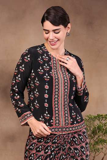 Buy_Soup By Sougat Paul_Black Crepe Round Printed Jacket And Skirt Set _Online_at_Aza_Fashions