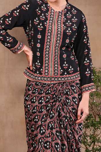 Shop_Soup By Sougat Paul_Black Crepe Round Printed Jacket And Skirt Set _Online_at_Aza_Fashions