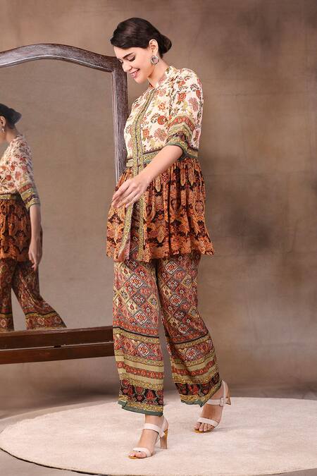 Soup By Sougat Paul_Beige Crepe Band Printed Kurta With Flared Pants _Online_at_Aza_Fashions