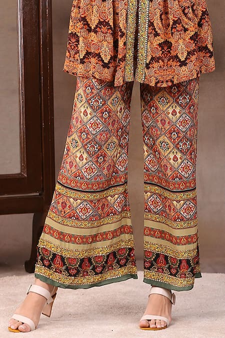 Buy_Soup By Sougat Paul_Beige Crepe Band Printed Kurta With Flared Pants _Online_at_Aza_Fashions