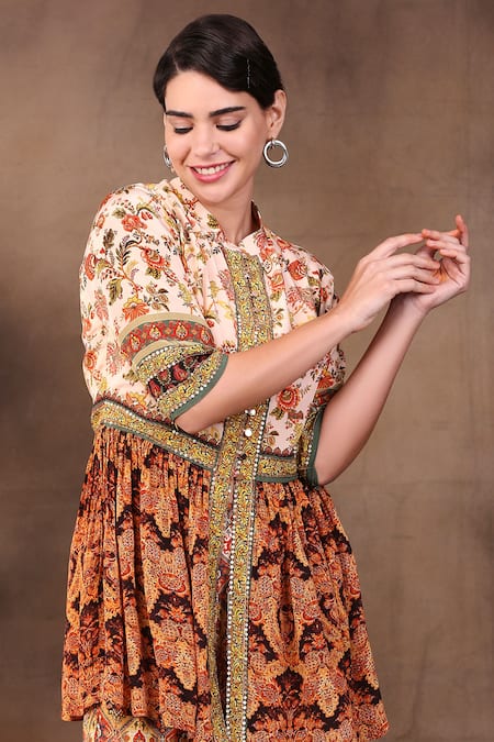 Shop_Soup By Sougat Paul_Beige Crepe Band Printed Kurta With Flared Pants _Online_at_Aza_Fashions