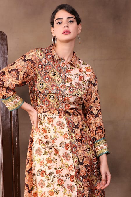 Soup By Sougat Paul_Beige Malaysian Silk Spread Collar Printed Shirt Dress _Online_at_Aza_Fashions