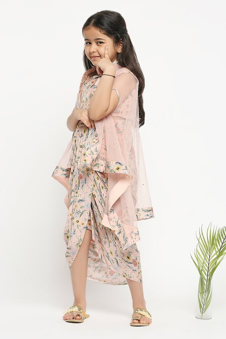 Soup By Sougat Paul Pink Net, Crepe Draped Dress With Cape Online at Aza Fashions Soup By Sougat Paul_Pink Net, Crepe Draped Dress With Cape _Online_at_Aza_Fashions