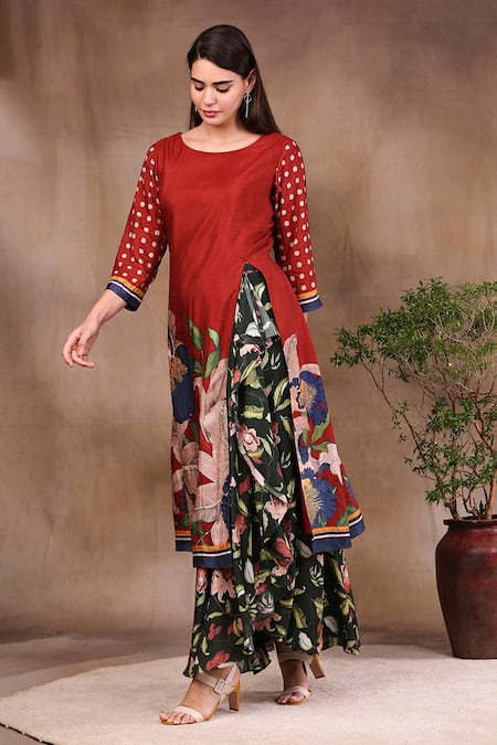 Soup By Sougat Paul_Red Malaysian And Cotton Round Printed Kurta With Skirt _Online_at_Aza_Fashions
