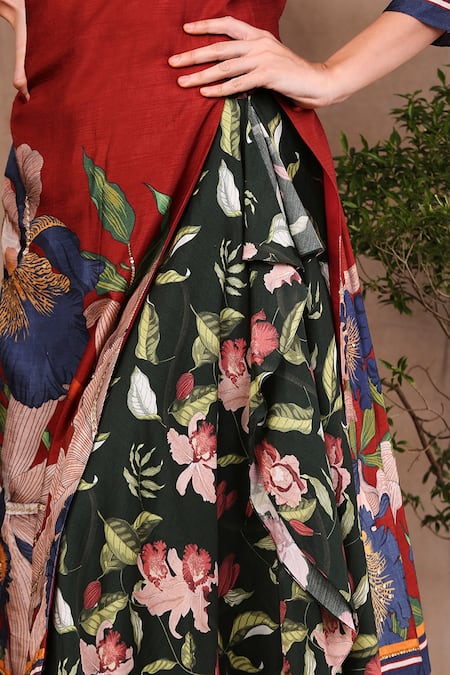 Buy_Soup By Sougat Paul_Red Malaysian And Cotton Round Printed Kurta With Skirt _Online_at_Aza_Fashions